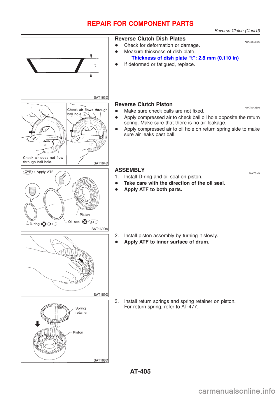 NISSAN ALMERA 2001  Service Manual SAT163D
Reverse Clutch Dish PlatesNJAT0143S03+Check for deformation or damage.
+Measure thickness of dish plate.
Thickness of dish plate ªtº: 2.8 mm (0.110 in)
+If deformed or fatigued, replace.
SAT