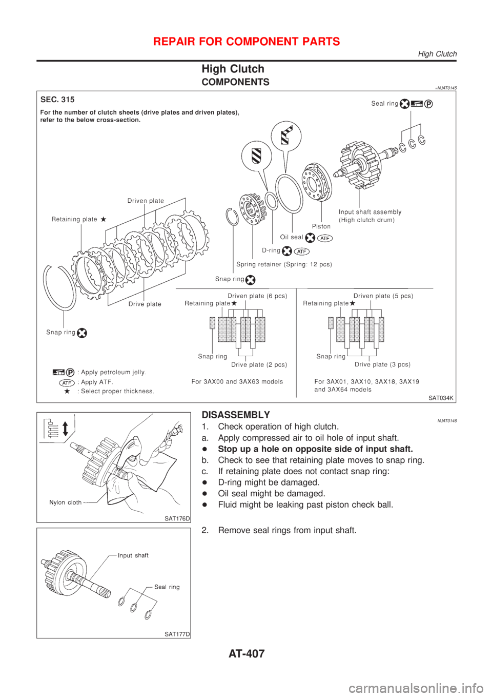 NISSAN ALMERA 2001  Service Manual High Clutch
COMPONENTS=NJAT0145
SAT034K
SAT176D
DISASSEMBLYNJAT01461. Check operation of high clutch.
a. Apply compressed air to oil hole of input shaft.
+Stop up a hole on opposite side of input shaf