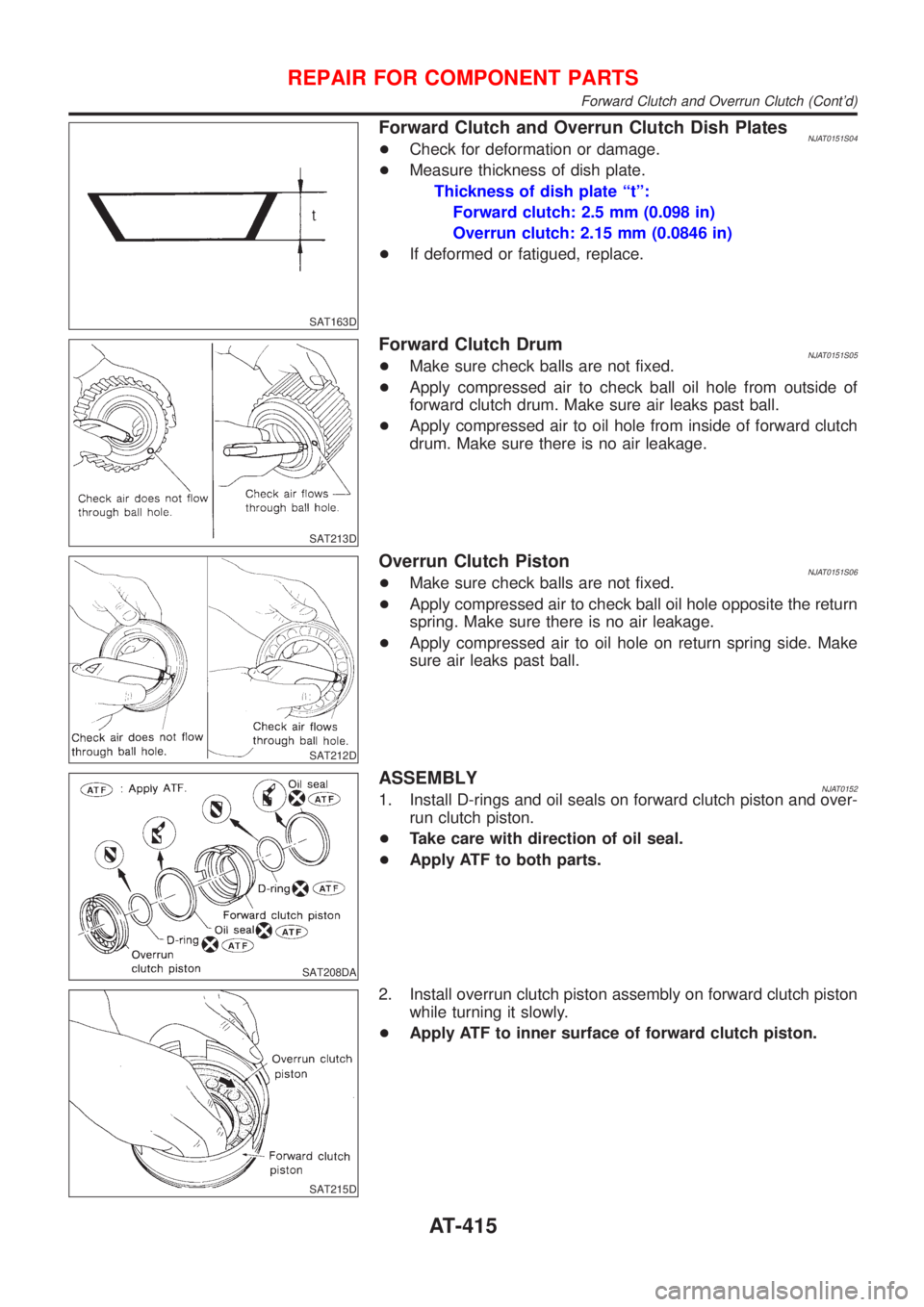 NISSAN ALMERA 2001  Service Manual SAT163D
Forward Clutch and Overrun Clutch Dish PlatesNJAT0151S04+Check for deformation or damage.
+Measure thickness of dish plate.
Thickness of dish plate ªtº:
Forward clutch: 2.5 mm (0.098 in)
Ove