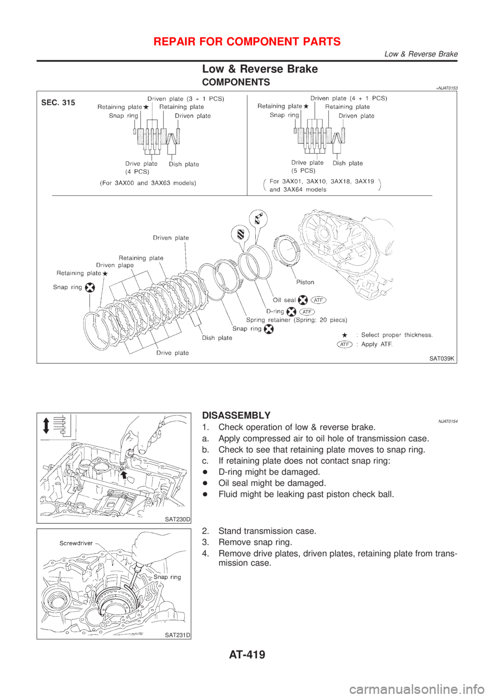 NISSAN ALMERA 2001  Service Manual Low & Reverse Brake
COMPONENTS=NJAT0153
SAT039K
SAT230D
DISASSEMBLYNJAT01541. Check operation of low & reverse brake.
a. Apply compressed air to oil hole of transmission case.
b. Check to see that ret