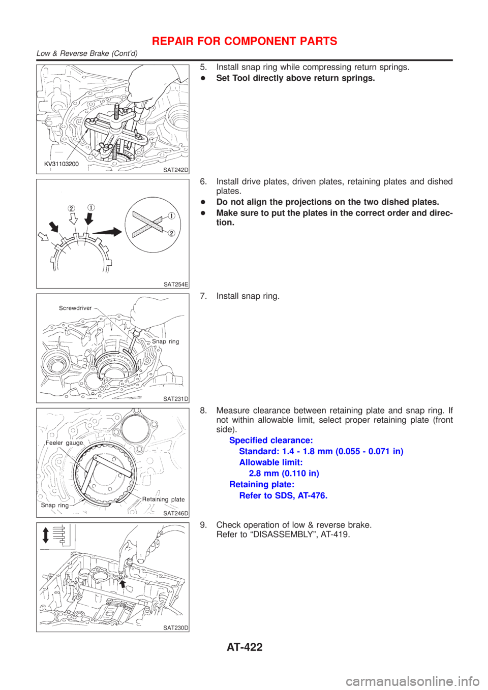 NISSAN ALMERA 2001  Service Manual SAT242D
5. Install snap ring while compressing return springs.
+Set Tool directly above return springs.
SAT254E
6. Install drive plates, driven plates, retaining plates and dished
plates.
+Do not alig