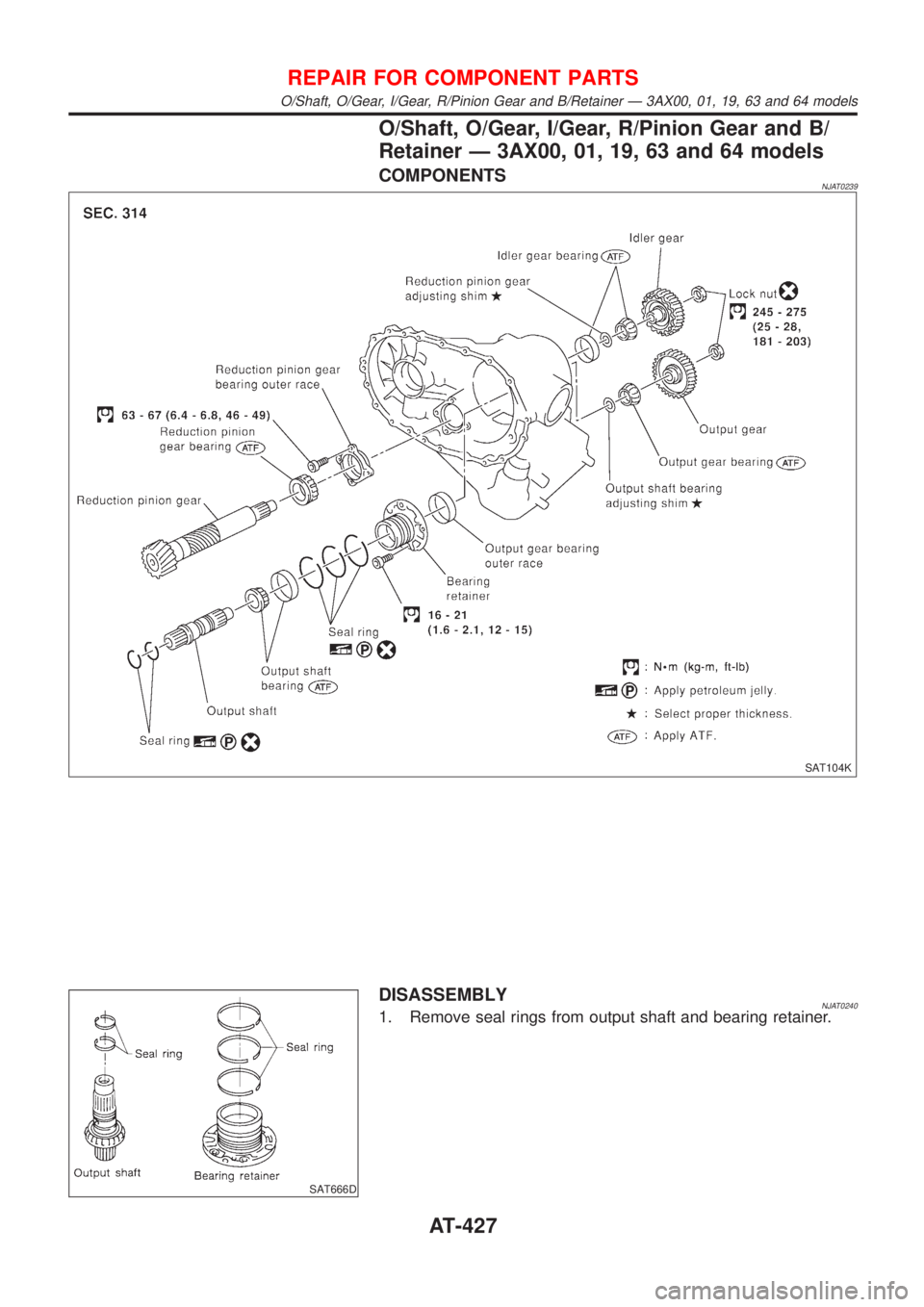 NISSAN ALMERA 2001  Service Manual O/Shaft, O/Gear, I/Gear, R/Pinion Gear and B/
Retainer Ð 3AX00, 01, 19, 63 and 64 models
COMPONENTSNJAT0239
SAT104K
SAT666D
DISASSEMBLYNJAT02401. Remove seal rings from output shaft and bearing retai