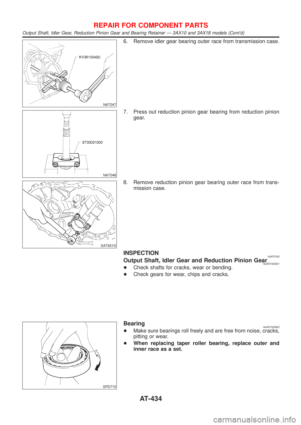 NISSAN ALMERA 2001  Service Manual NAT047
6. Remove idler gear bearing outer race from transmission case.
NAT048
7. Press out reduction pinion gear bearing from reduction pinion
gear.
SAT651D
8. Remove reduction pinion gear bearing out