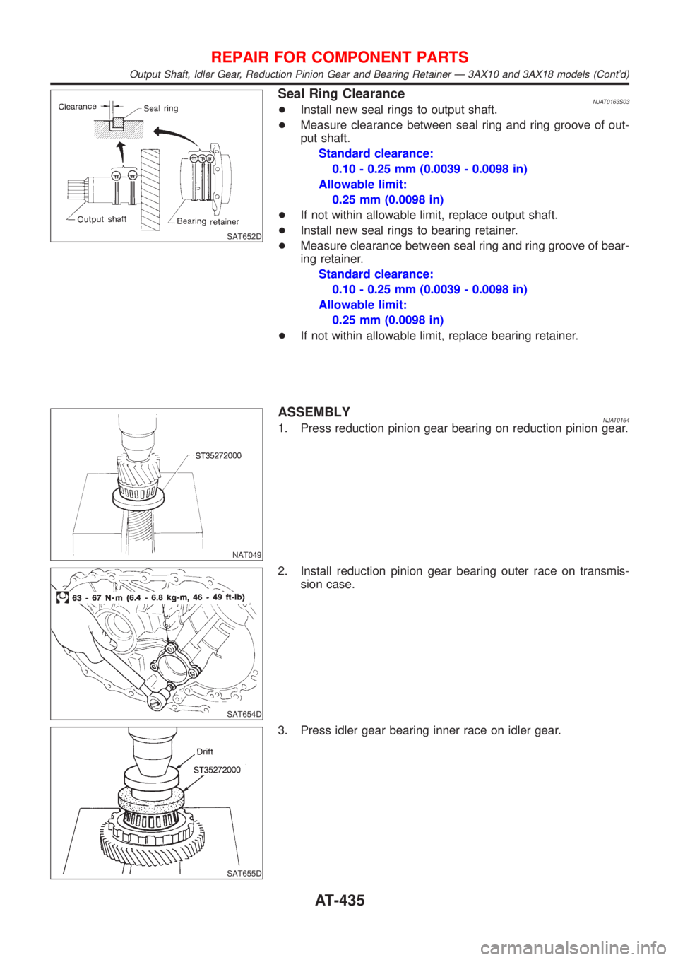 NISSAN ALMERA 2001  Service Manual SAT652D
Seal Ring ClearanceNJAT0163S03+Install new seal rings to output shaft.
+Measure clearance between seal ring and ring groove of out-
put shaft.
Standard clearance:
0.10 - 0.25 mm (0.0039 - 0.00