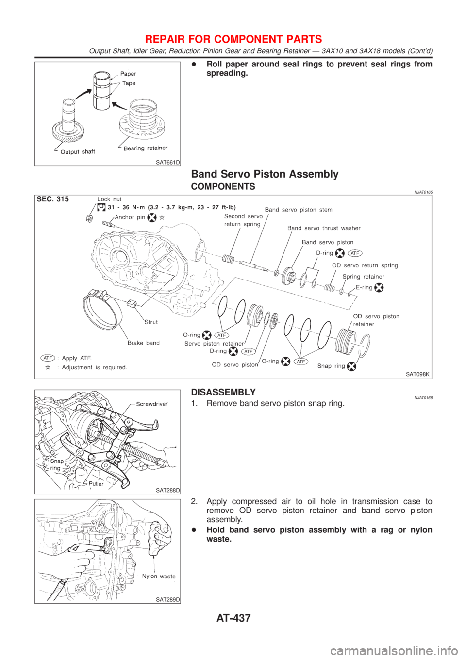 NISSAN ALMERA 2001  Service Manual SAT661D
+Roll paper around seal rings to prevent seal rings from
spreading.
Band Servo Piston Assembly
COMPONENTSNJAT0165
SAT098K
SAT288D
DISASSEMBLYNJAT01661. Remove band servo piston snap ring.
SAT2