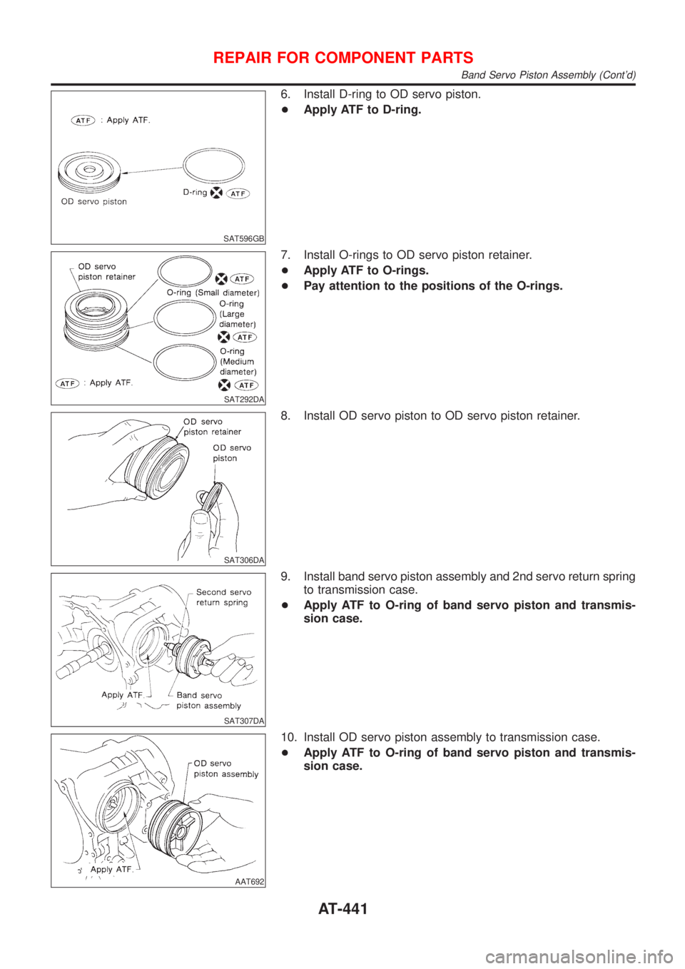 NISSAN ALMERA 2001 Service Manual SAT596GB
6. Install D-ring to OD servo piston.
+Apply ATF to D-ring.
SAT292DA
7. Install O-rings to OD servo piston retainer.
+Apply ATF to O-rings.
+Pay attention to the positions of the O-rings.
SAT NISSAN ALMERA 2001 Service Manual SAT596GB
6. Install D-ring to OD servo piston.
+Apply ATF to D-ring.
SAT292DA
7. Install O-rings to OD servo piston retainer.
+Apply ATF to O-rings.
+Pay attention to the positions of the O-rings.
SAT