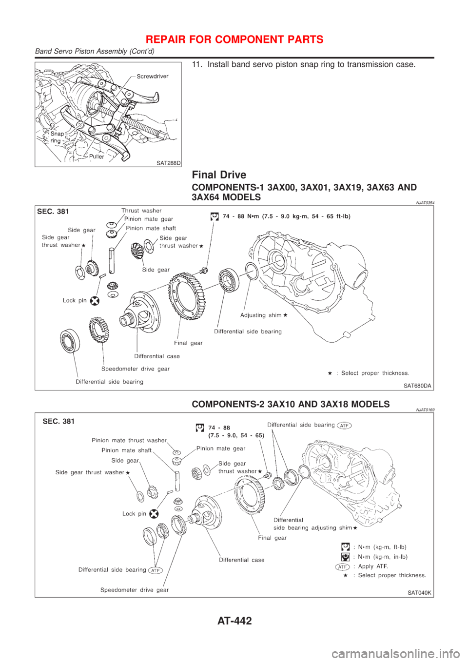 NISSAN ALMERA 2001 Service Manual SAT288D
11. Install band servo piston snap ring to transmission case.
Final Drive
COMPONENTS-1 3AX00, 3AX01, 3AX19, 3AX63 AND
3AX64 MODELS
NJAT0354
SAT680DA
COMPONENTS-2 3AX10 AND 3AX18 MODELSNJAT0169 NISSAN ALMERA 2001 Service Manual SAT288D
11. Install band servo piston snap ring to transmission case.
Final Drive
COMPONENTS-1 3AX00, 3AX01, 3AX19, 3AX63 AND
3AX64 MODELS
NJAT0354
SAT680DA
COMPONENTS-2 3AX10 AND 3AX18 MODELSNJAT0169