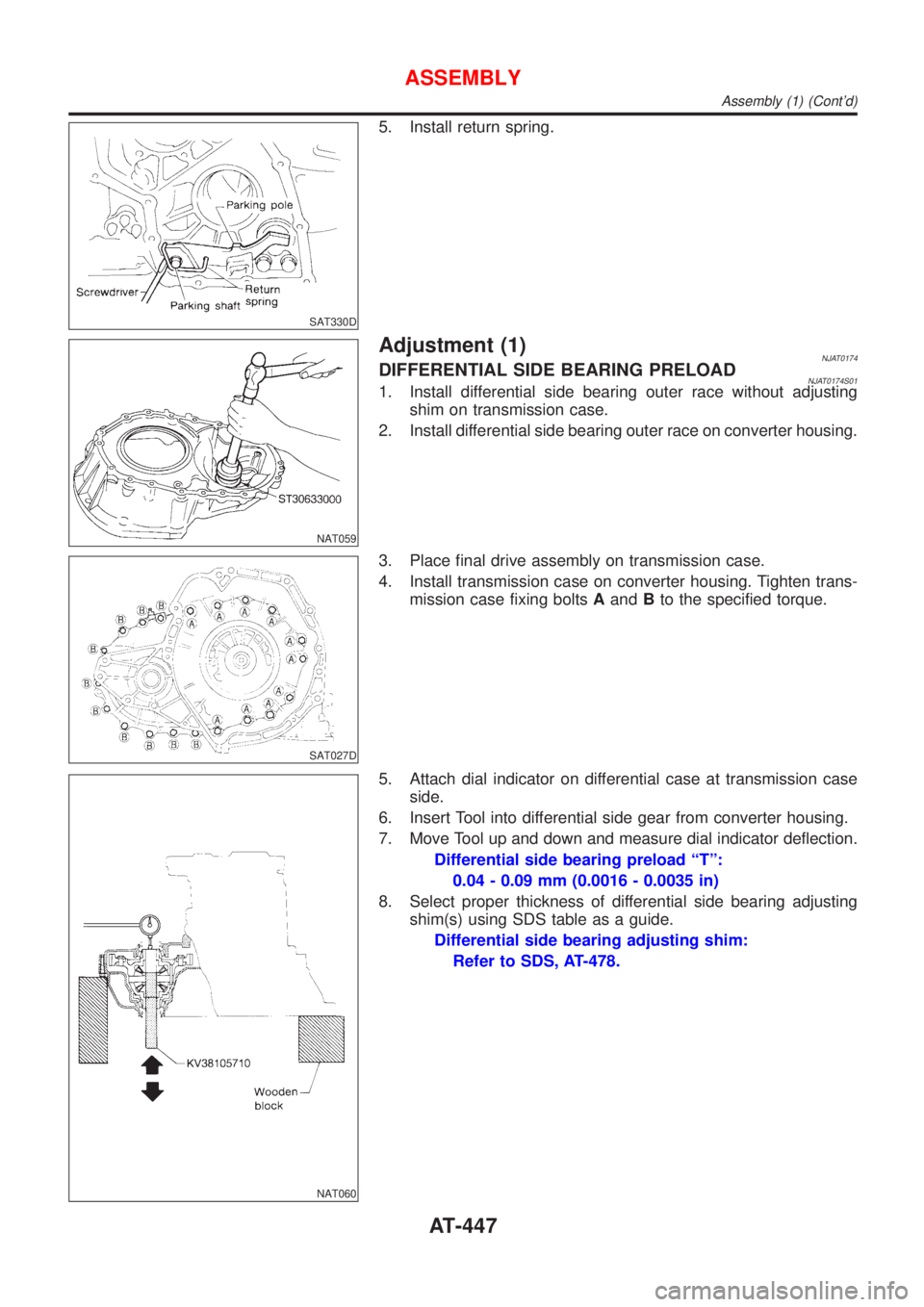 NISSAN ALMERA 2001 Service Manual SAT330D
5. Install return spring.
NAT059
Adjustment (1)NJAT0174DIFFERENTIAL SIDE BEARING PRELOADNJAT0174S011. Install differential side bearing outer race without adjusting
shim on transmission case.
NISSAN ALMERA 2001 Service Manual SAT330D
5. Install return spring.
NAT059
Adjustment (1)NJAT0174DIFFERENTIAL SIDE BEARING PRELOADNJAT0174S011. Install differential side bearing outer race without adjusting
shim on transmission case.