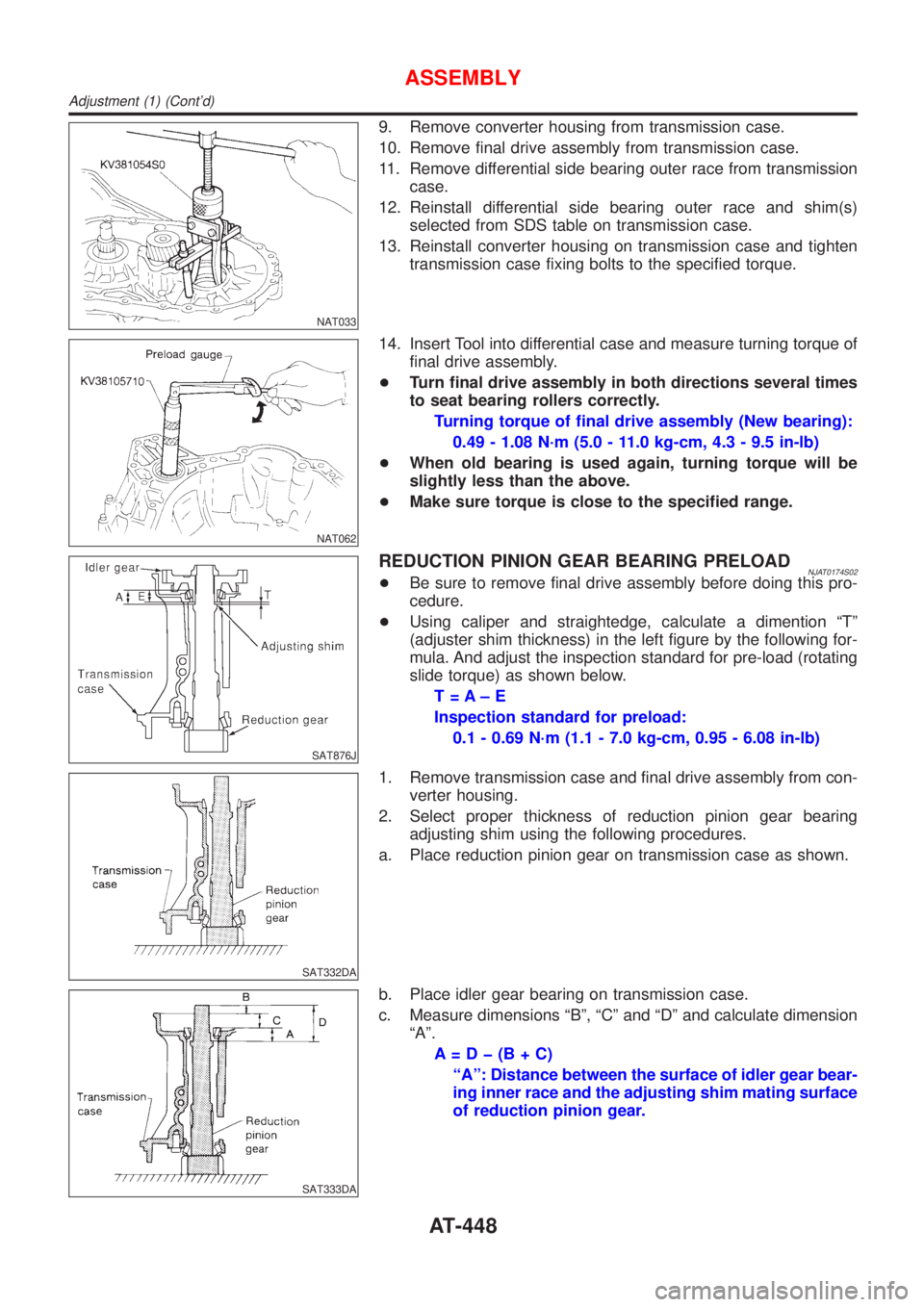 NISSAN ALMERA 2001 Service Manual NAT033
9. Remove converter housing from transmission case.
10. Remove final drive assembly from transmission case.
11. Remove differential side bearing outer race from transmission
case.
12. Reinstall NISSAN ALMERA 2001 Service Manual NAT033
9. Remove converter housing from transmission case.
10. Remove final drive assembly from transmission case.
11. Remove differential side bearing outer race from transmission
case.
12. Reinstall