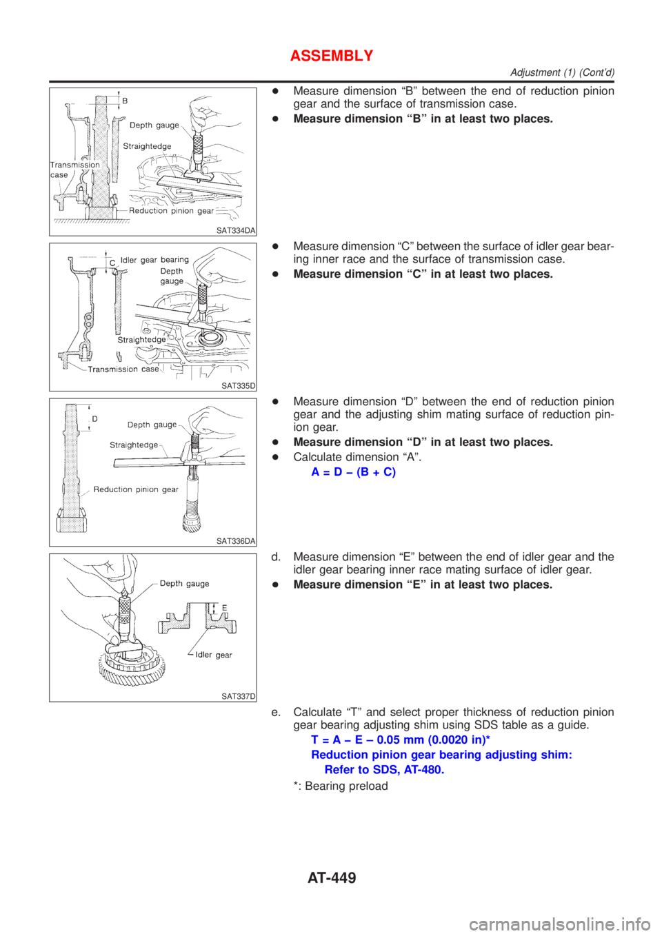 NISSAN ALMERA 2001 Service Manual SAT334DA
+Measure dimension ªBº between the end of reduction pinion
gear and the surface of transmission case.
+Measure dimension ªBº in at least two places.
SAT335D
+Measure dimension ªCº betwe NISSAN ALMERA 2001 Service Manual SAT334DA
+Measure dimension ªBº between the end of reduction pinion
gear and the surface of transmission case.
+Measure dimension ªBº in at least two places.
SAT335D
+Measure dimension ªCº betwe
