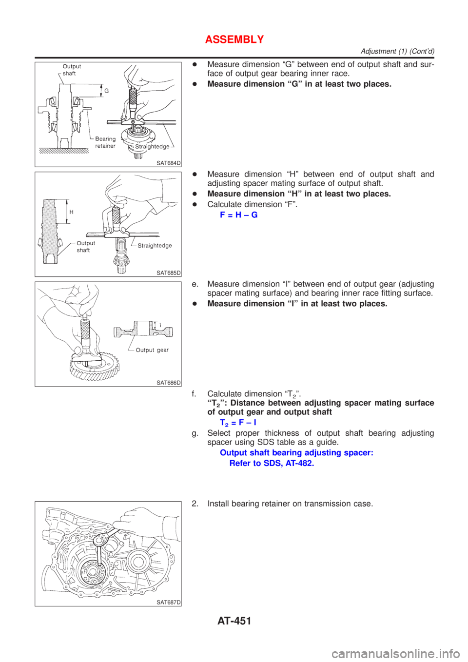 NISSAN ALMERA 2001 Service Manual SAT684D
+Measure dimension ªGº between end of output shaft and sur-
face of output gear bearing inner race.
+Measure dimension ªGº in at least two places.
SAT685D
+Measure dimension ªHº between NISSAN ALMERA 2001 Service Manual SAT684D
+Measure dimension ªGº between end of output shaft and sur-
face of output gear bearing inner race.
+Measure dimension ªGº in at least two places.
SAT685D
+Measure dimension ªHº between
