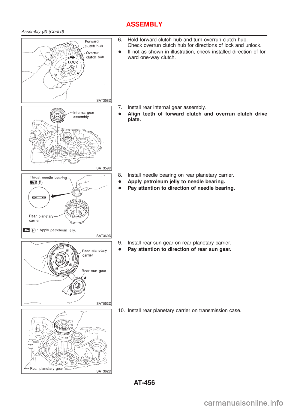 NISSAN ALMERA 2001 Service Manual SAT358D
6. Hold forward clutch hub and turn overrun clutch hub.
Check overrun clutch hub for directions of lock and unlock.
+If not as shown in illustration, check installed direction of for-
ward one NISSAN ALMERA 2001 Service Manual SAT358D
6. Hold forward clutch hub and turn overrun clutch hub.
Check overrun clutch hub for directions of lock and unlock.
+If not as shown in illustration, check installed direction of for-
ward one