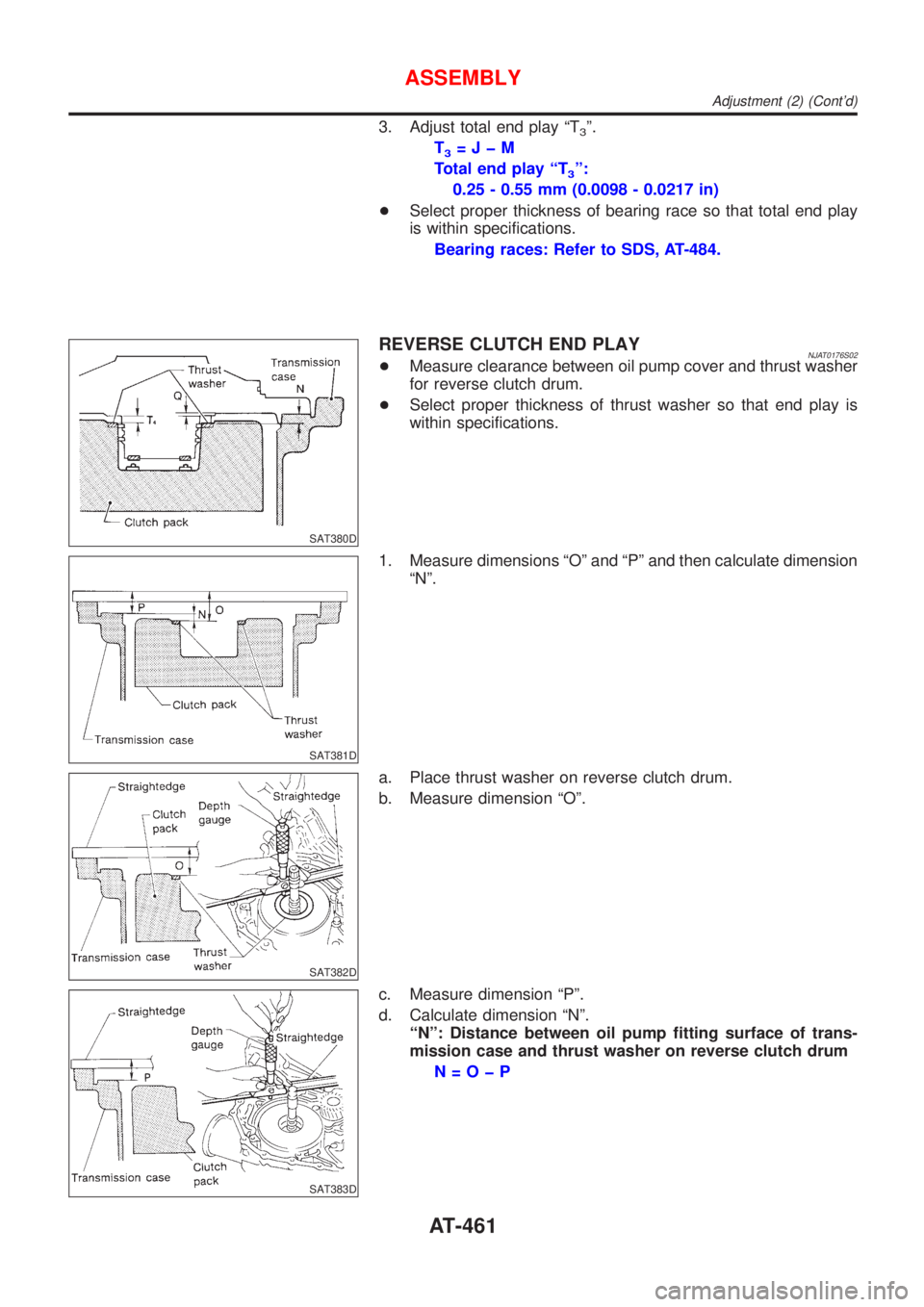 NISSAN ALMERA 2001  Service Manual 3. Adjust total end play ªT3º.
T
3=JþM
Total end play ªT
3º:
0.25 - 0.55 mm (0.0098 - 0.0217 in)
+Select proper thickness of bearing race so that total end play
is within specifications.
Bearing 