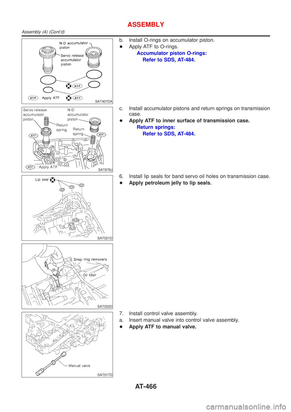 NISSAN ALMERA 2001  Service Manual SAT407DA
b. Install O-rings on accumulator piston.
+Apply ATF to O-rings.
Accumulator piston O-rings:
Refer to SDS, AT-484.
SAT878J
c. Install accumulator pistons and return springs on transmission
ca