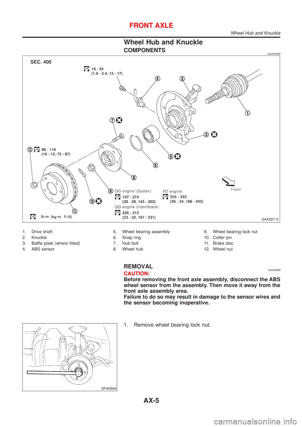 NISSAN ALMERA 2001  Service Manual Wheel Hub and Knuckle
COMPONENTS=NJAX0008
SAX007-A
1. Drive shaft
2. Knuckle
3. Baffle plate (where fitted)
4. ABS sensor5. Wheel bearing assembly
6. Snap ring
7. Hub bolt
8. Wheel hub9. Wheel bearing