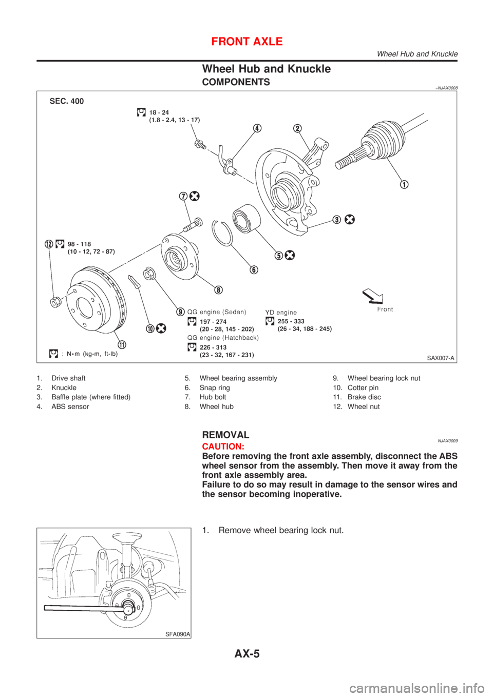 NISSAN ALMERA 2001 Service Manual Wheel Hub and Knuckle
COMPONENTS=NJAX0008
SAX007-A
1. Drive shaft
2. Knuckle
3. Baffle plate (where fitted)
4. ABS sensor5. Wheel bearing assembly
6. Snap ring
7. Hub bolt
8. Wheel hub9. Wheel bearing NISSAN ALMERA 2001 Service Manual Wheel Hub and Knuckle
COMPONENTS=NJAX0008
SAX007-A
1. Drive shaft
2. Knuckle
3. Baffle plate (where fitted)
4. ABS sensor5. Wheel bearing assembly
6. Snap ring
7. Hub bolt
8. Wheel hub9. Wheel bearing