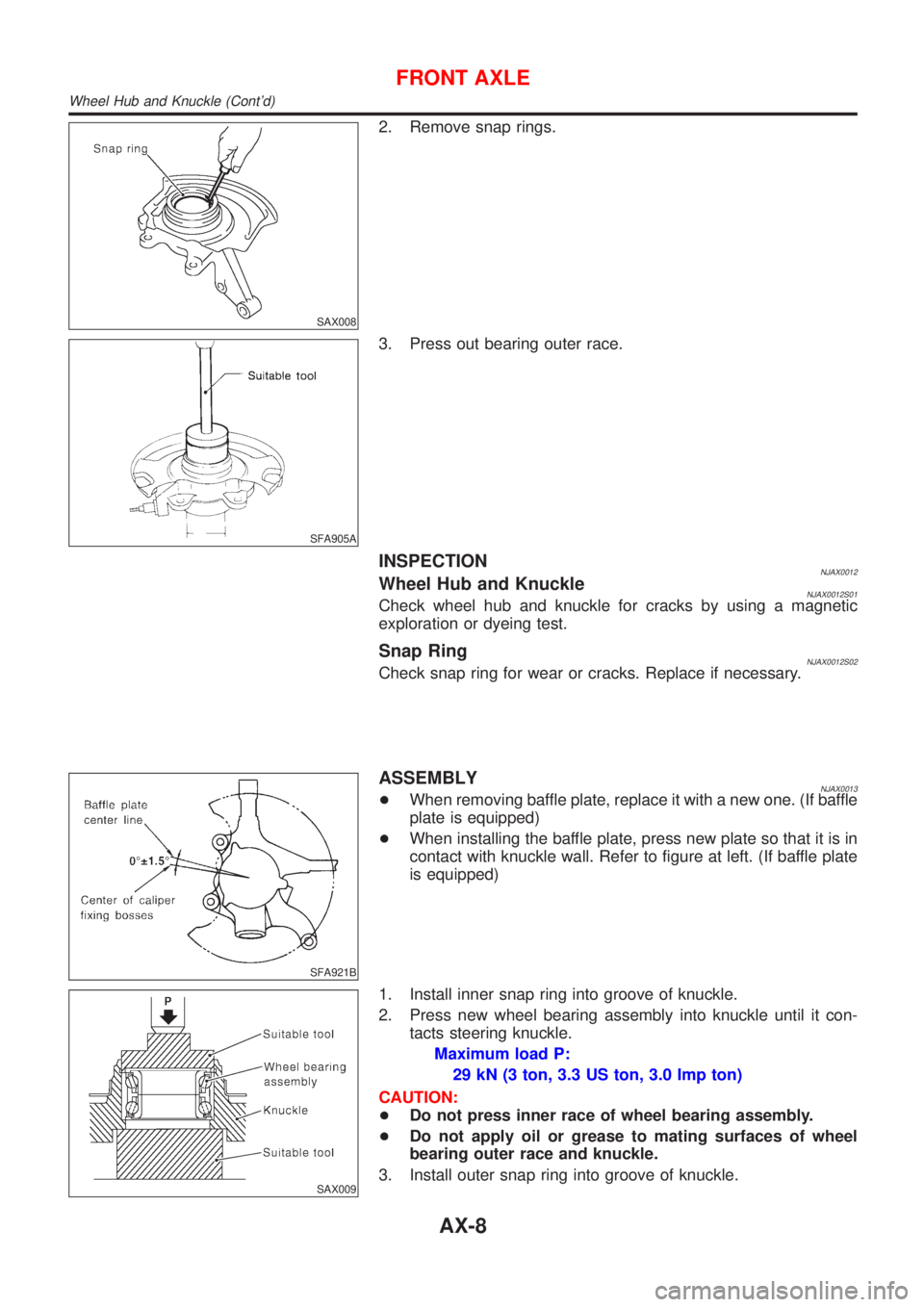 NISSAN ALMERA 2001 Service Manual SAX008
2. Remove snap rings.
SFA905A
3. Press out bearing outer race.
INSPECTIONNJAX0012Wheel Hub and KnuckleNJAX0012S01Check wheel hub and knuckle for cracks by using a magnetic
exploration or dyeing NISSAN ALMERA 2001 Service Manual SAX008
2. Remove snap rings.
SFA905A
3. Press out bearing outer race.
INSPECTIONNJAX0012Wheel Hub and KnuckleNJAX0012S01Check wheel hub and knuckle for cracks by using a magnetic
exploration or dyeing