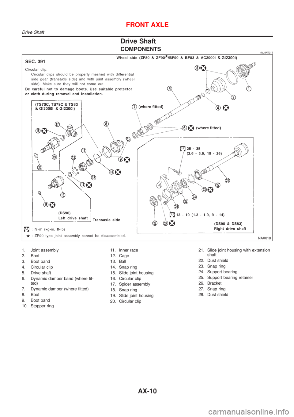 NISSAN ALMERA 2001 Service Manual Drive Shaft
COMPONENTS=NJAX0016
NAX018
1. Joint assembly
2. Boot
3. Boot band
4. Circular clip
5. Drive shaft
6. Dynamic damper band (where fit-
ted)
7. Dynamic damper (where fitted)
8. Boot
9. Boot b NISSAN ALMERA 2001 Service Manual Drive Shaft
COMPONENTS=NJAX0016
NAX018
1. Joint assembly
2. Boot
3. Boot band
4. Circular clip
5. Drive shaft
6. Dynamic damper band (where fit-
ted)
7. Dynamic damper (where fitted)
8. Boot
9. Boot b