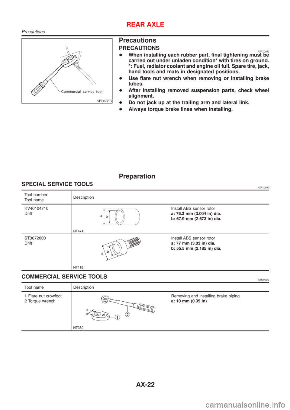 NISSAN ALMERA 2001 Service Manual SBR686C
Precautions
PRECAUTIONSNJAX0022+When installing each rubber part, final tightening must be
carried out under unladen condition* with tires on ground.
*: Fuel, radiator coolant and engine oil f NISSAN ALMERA 2001 Service Manual SBR686C
Precautions
PRECAUTIONSNJAX0022+When installing each rubber part, final tightening must be
carried out under unladen condition* with tires on ground.
*: Fuel, radiator coolant and engine oil f