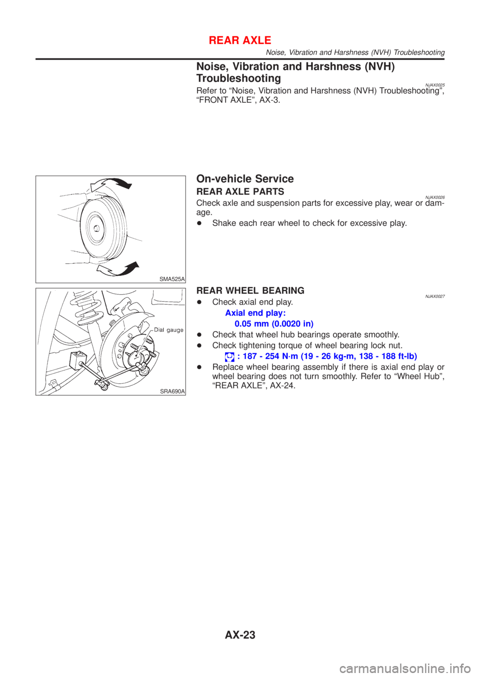 NISSAN ALMERA 2001 Service Manual Noise, Vibration and Harshness (NVH)
Troubleshooting
NJAX0025Refer to ªNoise, Vibration and Harshness (NVH) Troubleshootingº,
ªFRONT AXLEº, AX-3.
SMA525A
On-vehicle Service
REAR AXLE PARTSNJAX0026 NISSAN ALMERA 2001 Service Manual Noise, Vibration and Harshness (NVH)
Troubleshooting
NJAX0025Refer to ªNoise, Vibration and Harshness (NVH) Troubleshootingº,
ªFRONT AXLEº, AX-3.
SMA525A
On-vehicle Service
REAR AXLE PARTSNJAX0026