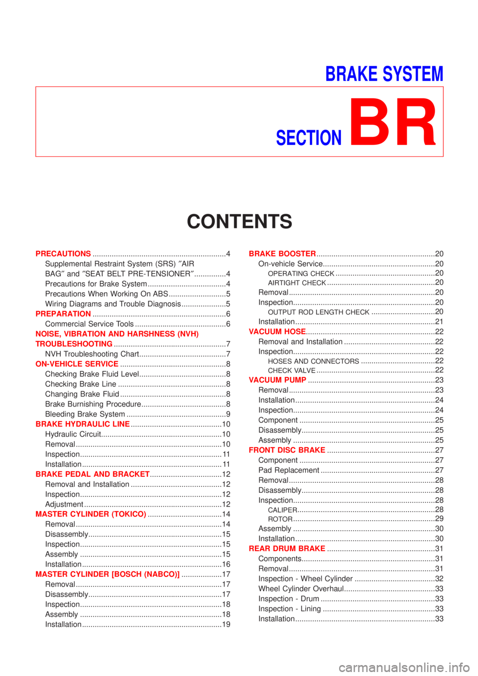 NISSAN ALMERA 2001 Service Manual BRAKE SYSTEM
SECTION
BR
CONTENTS
PRECAUTIONS...............................................................4
Supplemental Restraint System (SRS)²AIR
BAG²and²SEAT BELT PRE-TENSIONER²............... NISSAN ALMERA 2001 Service Manual BRAKE SYSTEM
SECTION
BR
CONTENTS
PRECAUTIONS...............................................................4
Supplemental Restraint System (SRS)²AIR
BAG²and²SEAT BELT PRE-TENSIONER²...............
