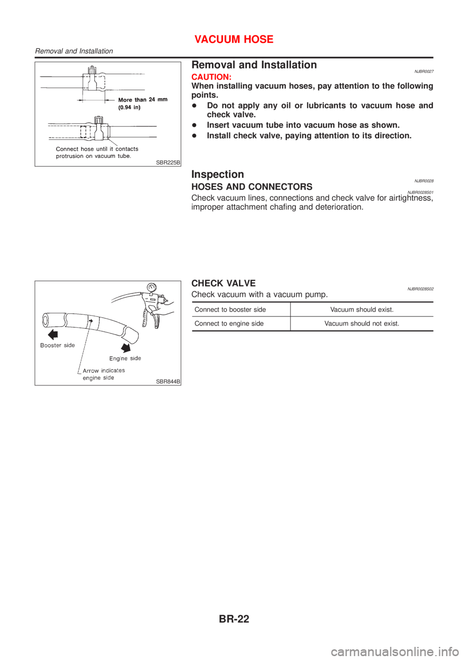 NISSAN ALMERA 2001 Service Manual SBR225B
Removal and InstallationNJBR0027CAUTION:
When installing vacuum hoses, pay attention to the following
points.
+Do not apply any oil or lubricants to vacuum hose and
check valve.
+Insert vacuum NISSAN ALMERA 2001 Service Manual SBR225B
Removal and InstallationNJBR0027CAUTION:
When installing vacuum hoses, pay attention to the following
points.
+Do not apply any oil or lubricants to vacuum hose and
check valve.
+Insert vacuum