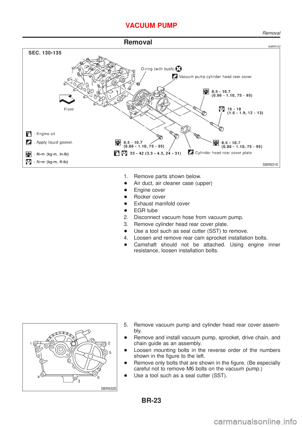 NISSAN ALMERA 2001 Service Manual RemovalNJBR0123
SBR631E
1. Remove parts shown below.
+Air duct, air cleaner case (upper)
+Engine cover
+Rocker cover
+Exhaust manifold cover
+EGR tube
2. Disconnect vacuum hose from vacuum pump.
3. Re NISSAN ALMERA 2001 Service Manual RemovalNJBR0123
SBR631E
1. Remove parts shown below.
+Air duct, air cleaner case (upper)
+Engine cover
+Rocker cover
+Exhaust manifold cover
+EGR tube
2. Disconnect vacuum hose from vacuum pump.
3. Re