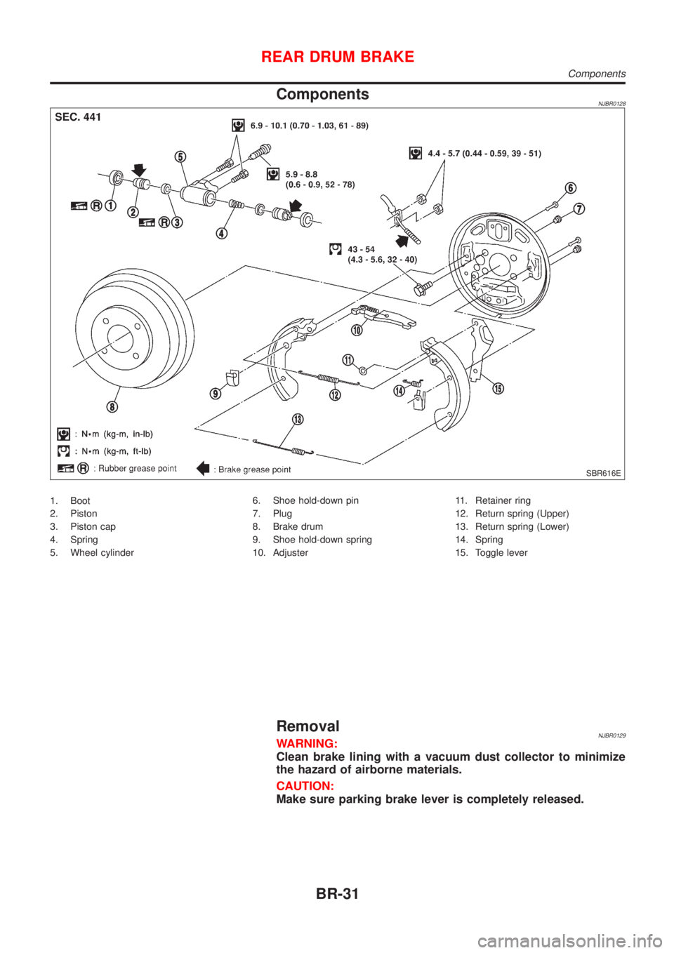 NISSAN ALMERA 2001 Service Manual ComponentsNJBR0128
SBR616E
1. Boot
2. Piston
3. Piston cap
4. Spring
5. Wheel cylinder6. Shoe hold-down pin
7. Plug
8. Brake drum
9. Shoe hold-down spring
10. Adjuster11. Retainer ring
12. Return spri NISSAN ALMERA 2001 Service Manual ComponentsNJBR0128
SBR616E
1. Boot
2. Piston
3. Piston cap
4. Spring
5. Wheel cylinder6. Shoe hold-down pin
7. Plug
8. Brake drum
9. Shoe hold-down spring
10. Adjuster11. Retainer ring
12. Return spri