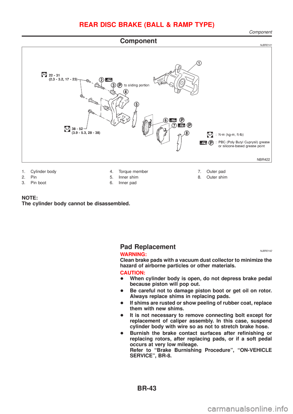 NISSAN ALMERA 2001 Service Manual ComponentNJBR0141
NBR422
1. Cylinder body
2. Pin
3. Pin boot4. Torque member
5. Inner shim
6. Inner pad7. Outer pad
8. Outer shim
NOTE:
The cylinder body cannot be disassembled.
Pad ReplacementNJBR014 NISSAN ALMERA 2001 Service Manual ComponentNJBR0141
NBR422
1. Cylinder body
2. Pin
3. Pin boot4. Torque member
5. Inner shim
6. Inner pad7. Outer pad
8. Outer shim
NOTE:
The cylinder body cannot be disassembled.
Pad ReplacementNJBR014