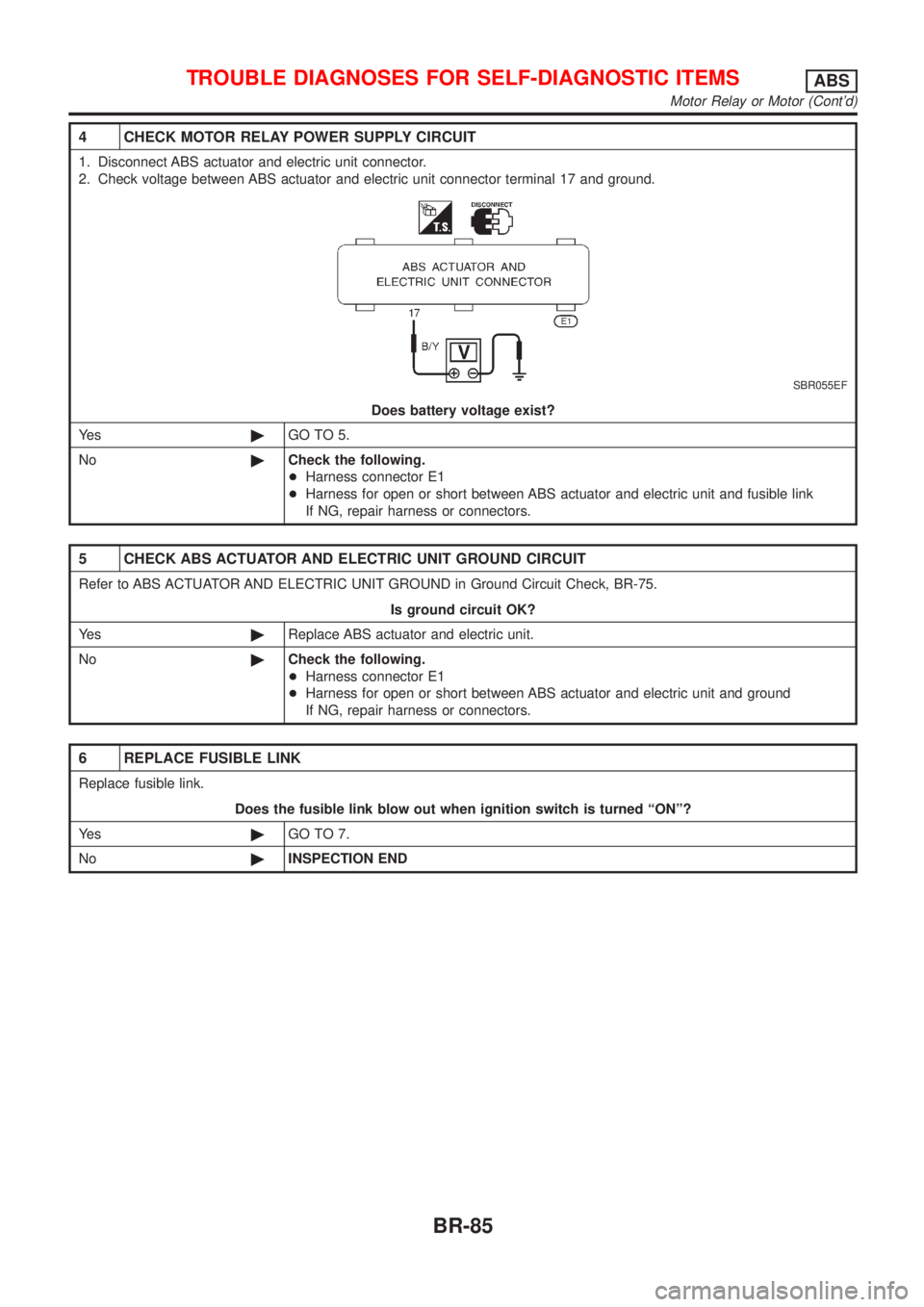 NISSAN ALMERA 2001  Service Manual 4 CHECK MOTOR RELAY POWER SUPPLY CIRCUIT
1. Disconnect ABS actuator and electric unit connector.
2. Check voltage between ABS actuator and electric unit connector terminal 17 and ground.
SBR055EF
Does
