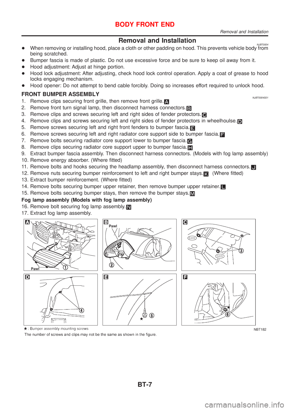 NISSAN ALMERA 2001  Service Manual Removal and InstallationNJBT0004+When removing or installing hood, place a cloth or other padding on hood. This prevents vehicle body from
being scratched.
+Bumper fascia is made of plastic. Do not us
