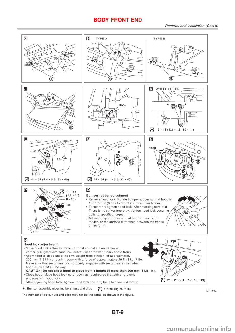 NISSAN ALMERA 2001  Service Manual NBT194
BODY FRONT END
Removal and Installation (Contd)
BT-9 