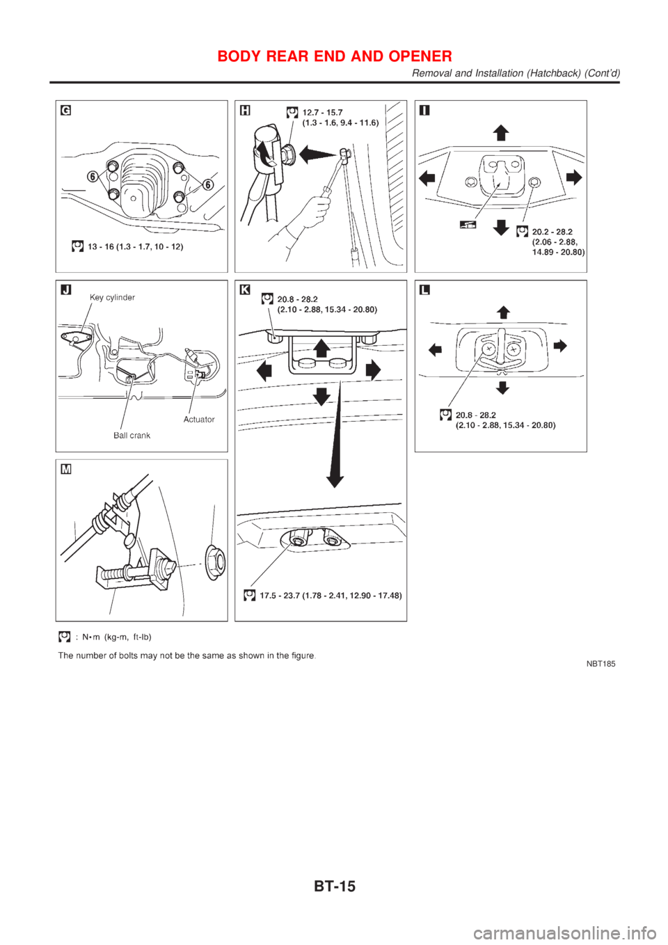 NISSAN ALMERA 2001  Service Manual NBT185
BODY REAR END AND OPENER
Removal and Installation (Hatchback) (Contd)
BT-15 