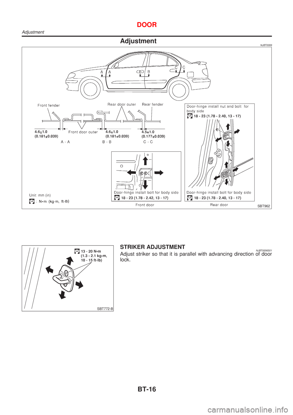 NISSAN ALMERA 2001  Service Manual AdjustmentNJBT0006
SBT962
SBT772-B
STRIKER ADJUSTMENTNJBT0006S01Adjust striker so that it is parallel with advancing direction of door
lock.
DOOR
Adjustment
BT-16 