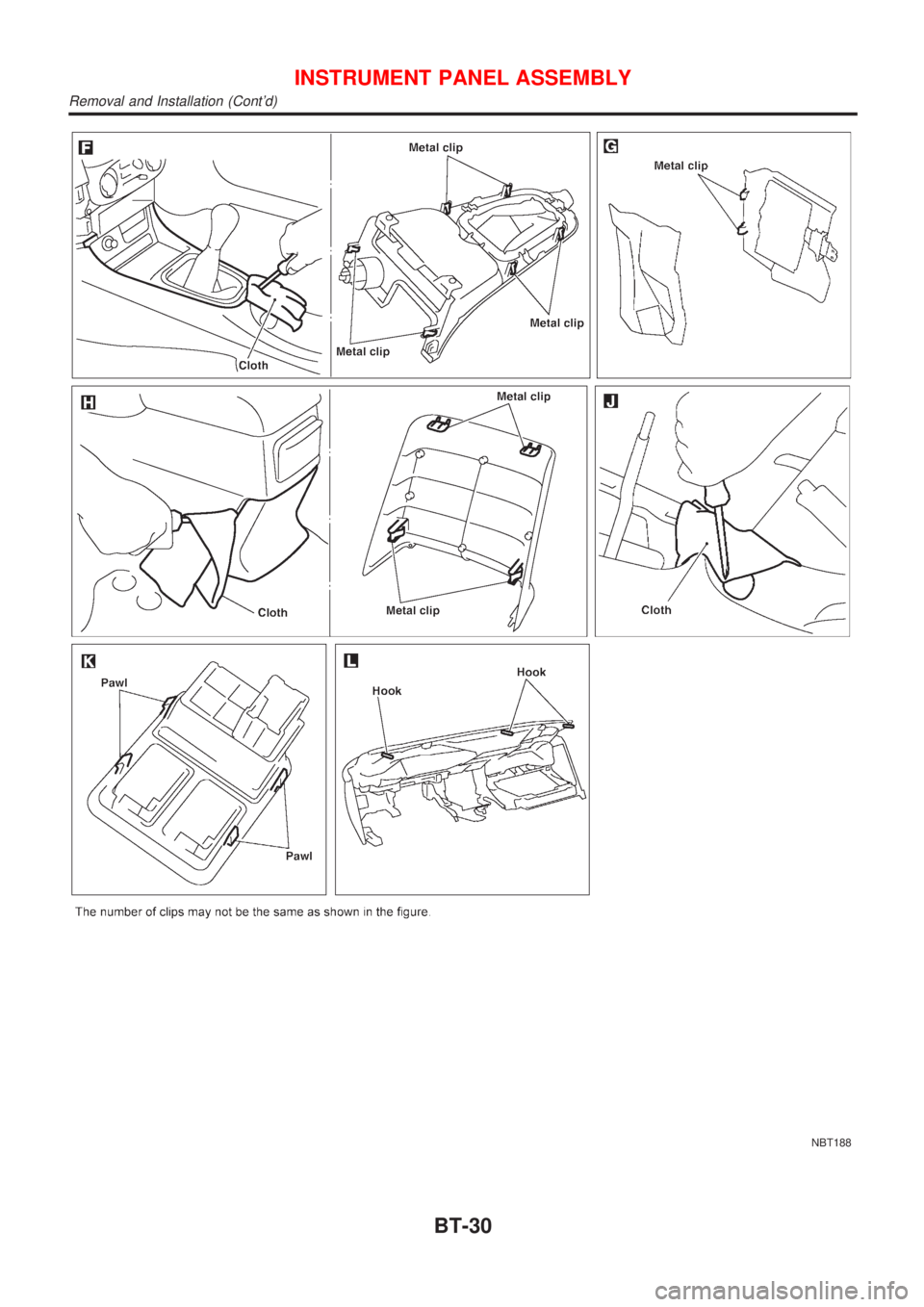 NISSAN ALMERA 2001  Service Manual NBT188
INSTRUMENT PANEL ASSEMBLY
Removal and Installation (Contd)
BT-30 