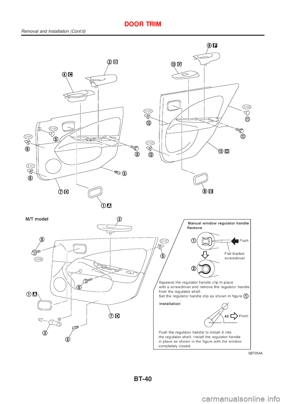 NISSAN ALMERA 2001 Service Manual SBT054A
DOOR TRIM
Removal and Installation (Contd)
BT-40 NISSAN ALMERA 2001 Service Manual SBT054A
DOOR TRIM
Removal and Installation (Contd)
BT-40