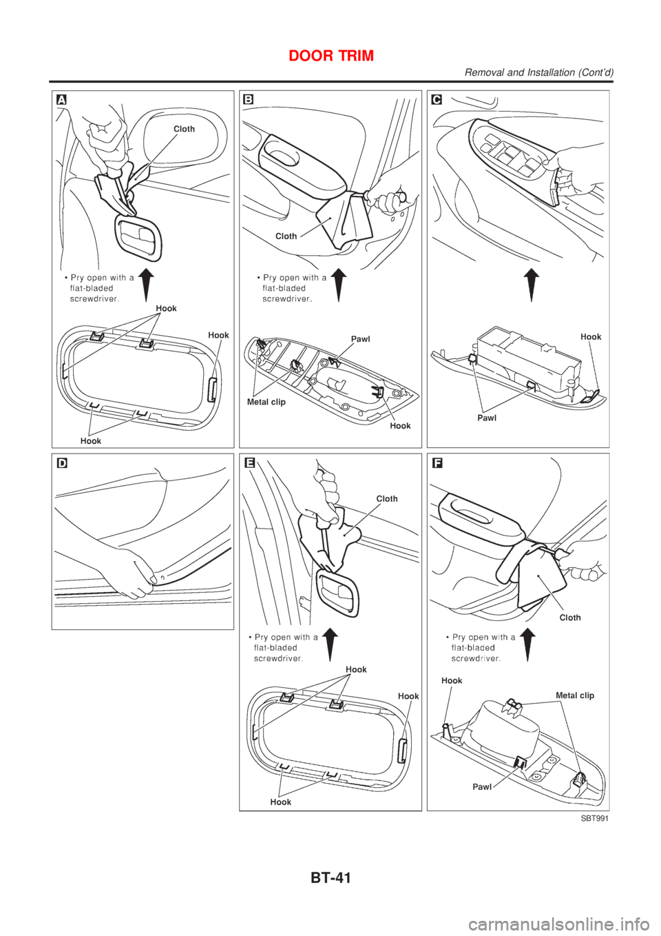 NISSAN ALMERA 2001 Service Manual SBT991
DOOR TRIM
Removal and Installation (Contd)
BT-41 NISSAN ALMERA 2001 Service Manual SBT991
DOOR TRIM
Removal and Installation (Contd)
BT-41