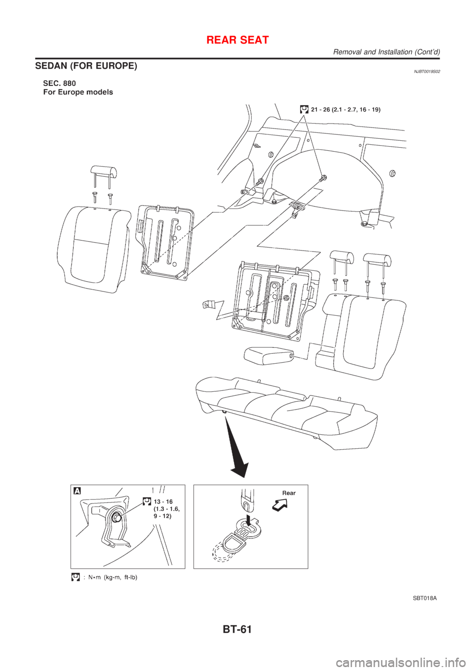 NISSAN ALMERA 2001  Service Manual SEDAN (FOR EUROPE)NJBT0019S02
SBT018A
REAR SEAT
Removal and Installation (Contd)
BT-61 