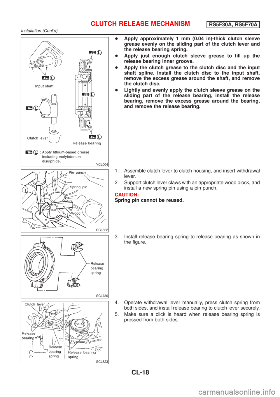 NISSAN ALMERA 2001 Service Manual YCL004
+Apply approximately 1 mm (0.04 in)-thick clutch sleeve
grease evenly on the sliding part of the clutch lever and
the release bearing spring.
+Apply just enough clutch sleeve grease to fill up NISSAN ALMERA 2001 Service Manual YCL004
+Apply approximately 1 mm (0.04 in)-thick clutch sleeve
grease evenly on the sliding part of the clutch lever and
the release bearing spring.
+Apply just enough clutch sleeve grease to fill up