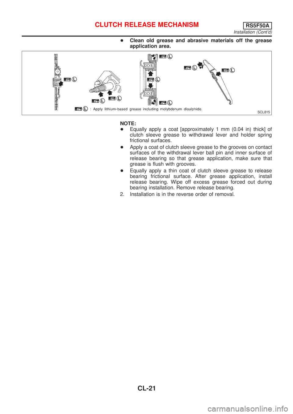NISSAN ALMERA 2001  Service Manual +Clean old grease and abrasive materials off the grease
application area.
SCL815
NOTE:
+Equally apply a coat [approximately 1 mm (0.04 in) thick] of
clutch sleeve grease to withdrawal lever and holder