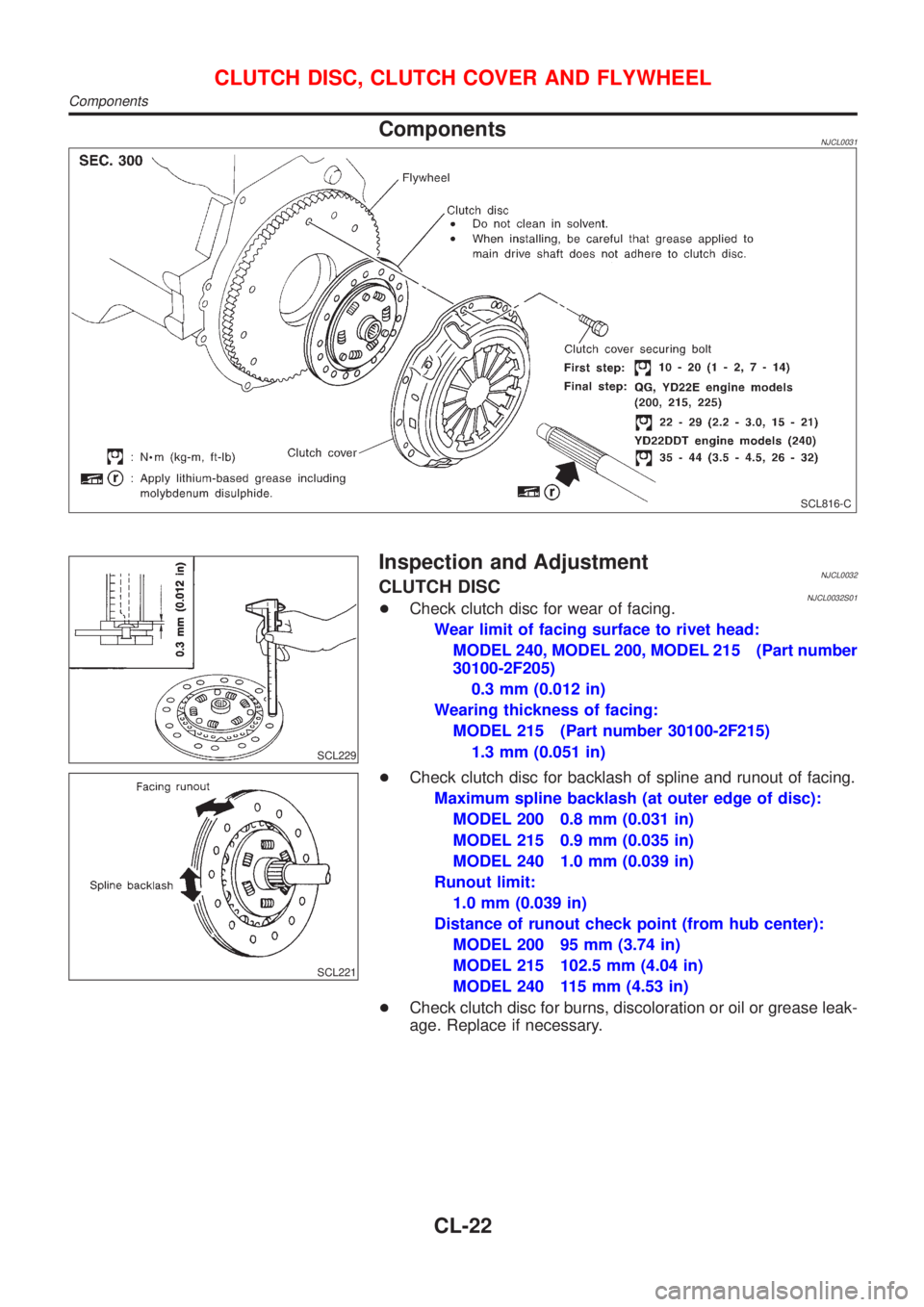 NISSAN ALMERA 2001 Service Manual ComponentsNJCL0031
SCL816-C
SCL229
Inspection and AdjustmentNJCL0032CLUTCH DISCNJCL0032S01+Check clutch disc for wear of facing.
Wear limit of facing surface to rivet head:
MODEL 240, MODEL 200, MODEL NISSAN ALMERA 2001 Service Manual ComponentsNJCL0031
SCL816-C
SCL229
Inspection and AdjustmentNJCL0032CLUTCH DISCNJCL0032S01+Check clutch disc for wear of facing.
Wear limit of facing surface to rivet head:
MODEL 240, MODEL 200, MODEL