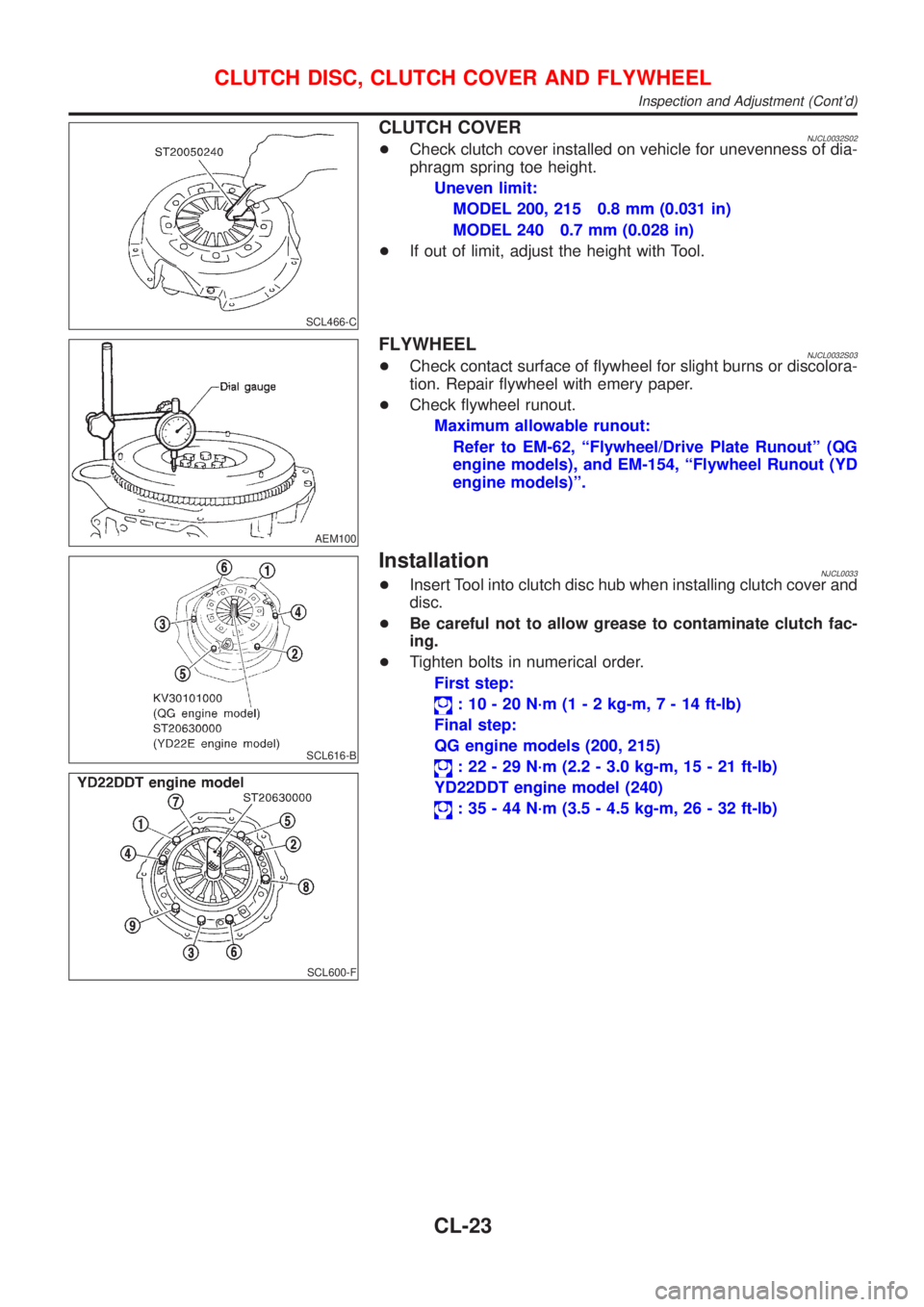 NISSAN ALMERA 2001 Service Manual SCL466-C
CLUTCH COVERNJCL0032S02+Check clutch cover installed on vehicle for unevenness of dia-
phragm spring toe height.
Uneven limit:
MODEL 200, 215 0.8 mm (0.031 in)
MODEL 240 0.7 mm (0.028 in)
+If NISSAN ALMERA 2001 Service Manual SCL466-C
CLUTCH COVERNJCL0032S02+Check clutch cover installed on vehicle for unevenness of dia-
phragm spring toe height.
Uneven limit:
MODEL 200, 215 0.8 mm (0.031 in)
MODEL 240 0.7 mm (0.028 in)
+If
