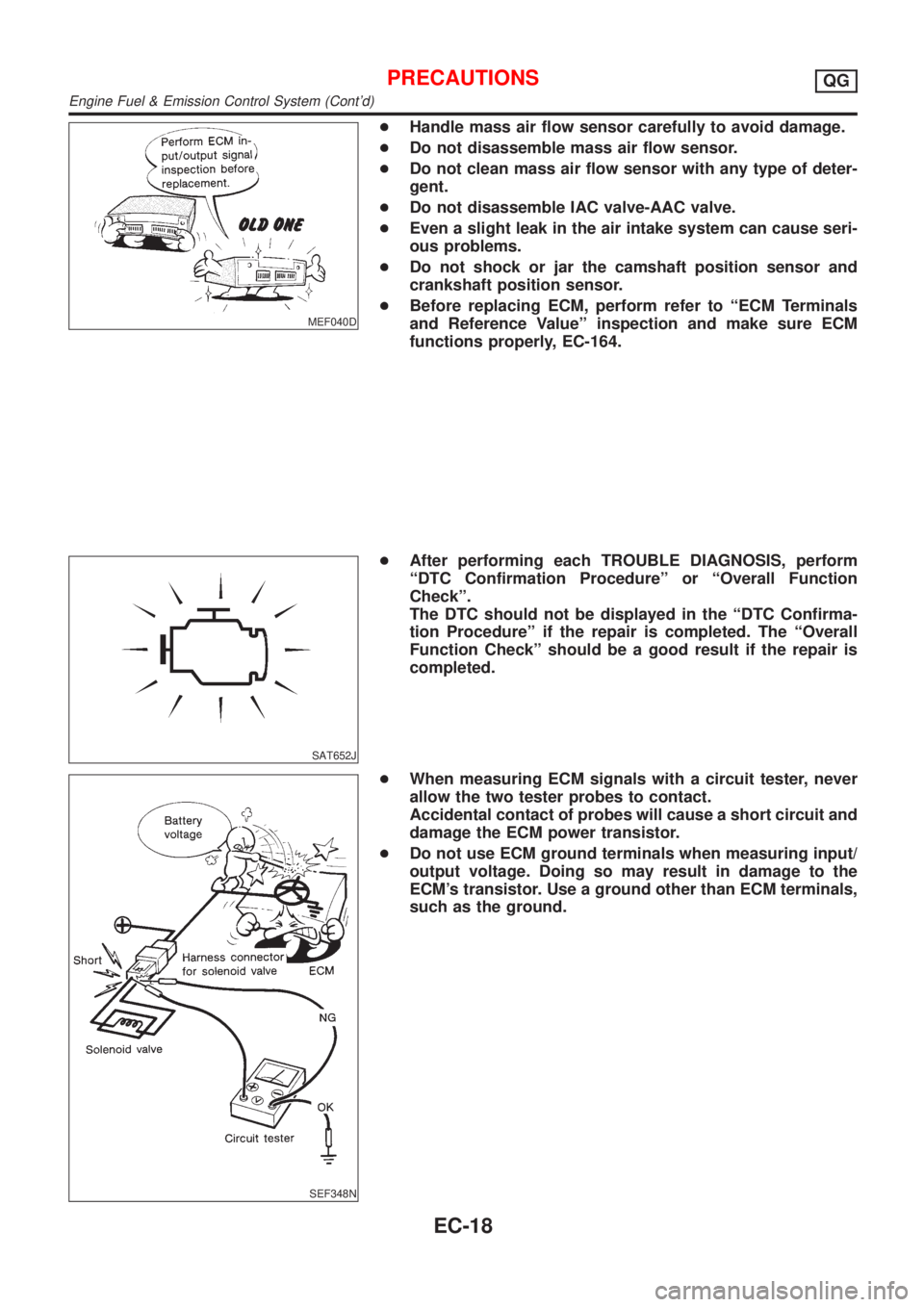 NISSAN ALMERA 2001 Service Manual MEF040D
+Handle mass air flow sensor carefully to avoid damage.
+Do not disassemble mass air flow sensor.
+Do not clean mass air flow sensor with any type of deter-
gent.
+Do not disassemble IAC valve NISSAN ALMERA 2001 Service Manual MEF040D
+Handle mass air flow sensor carefully to avoid damage.
+Do not disassemble mass air flow sensor.
+Do not clean mass air flow sensor with any type of deter-
gent.
+Do not disassemble IAC valve
