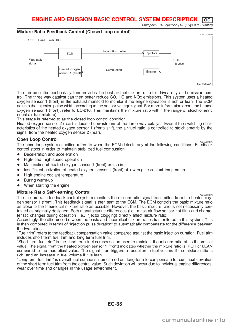 NISSAN ALMERA 2001 Service Manual Mixture Ratio Feedback Control (Closed loop control)NJEC0014S04
SEF336WA
The mixture ratio feedback system provides the best air-fuel mixture ratio for driveability and emission con-
trol. The three w NISSAN ALMERA 2001 Service Manual Mixture Ratio Feedback Control (Closed loop control)NJEC0014S04
SEF336WA
The mixture ratio feedback system provides the best air-fuel mixture ratio for driveability and emission con-
trol. The three w