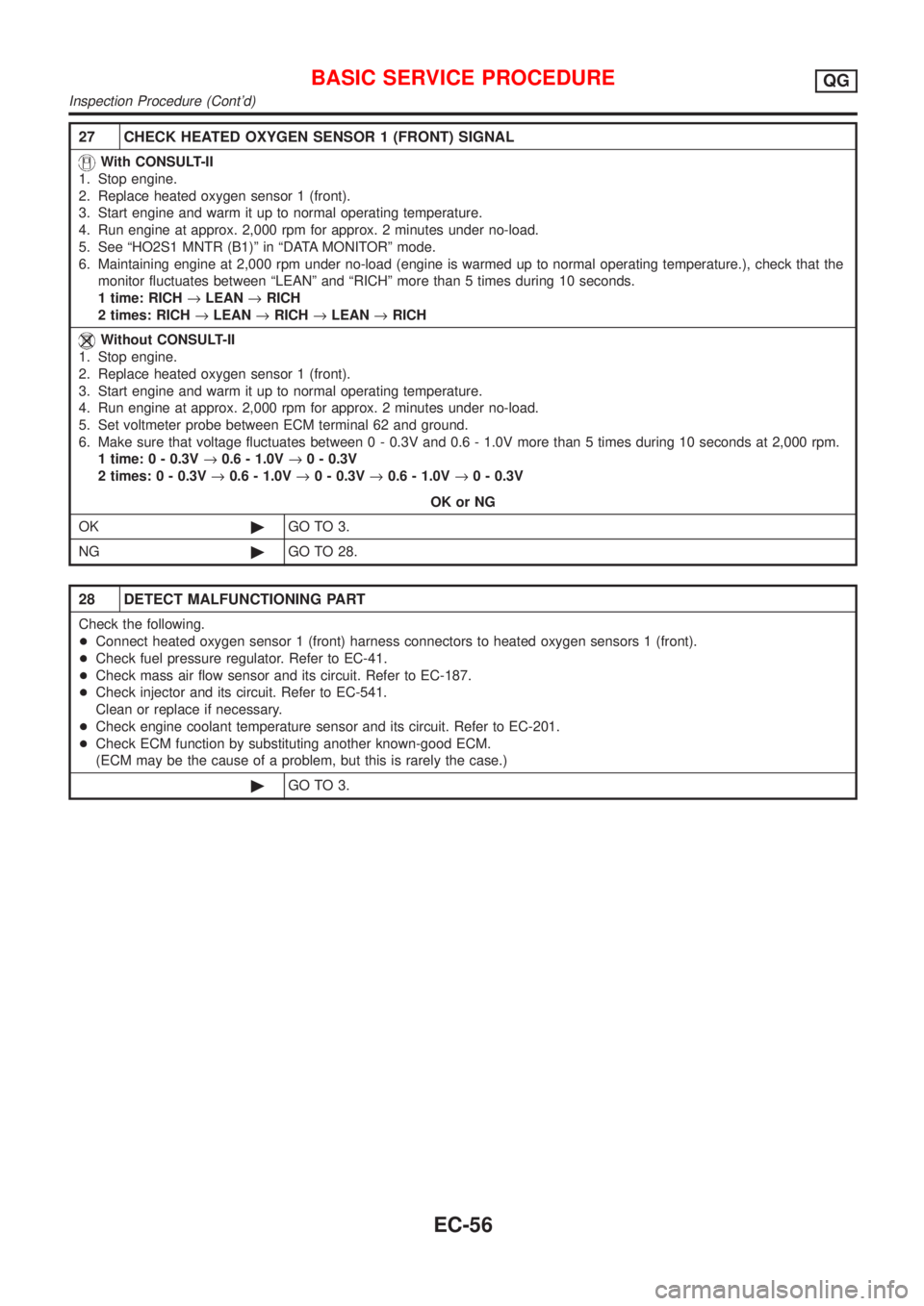 NISSAN ALMERA 2001 Service Manual 27 CHECK HEATED OXYGEN SENSOR 1 (FRONT) SIGNAL
With CONSULT-II
1. Stop engine.
2. Replace heated oxygen sensor 1 (front).
3. Start engine and warm it up to normal operating temperature.
4. Run engine NISSAN ALMERA 2001 Service Manual 27 CHECK HEATED OXYGEN SENSOR 1 (FRONT) SIGNAL
With CONSULT-II
1. Stop engine.
2. Replace heated oxygen sensor 1 (front).
3. Start engine and warm it up to normal operating temperature.
4. Run engine