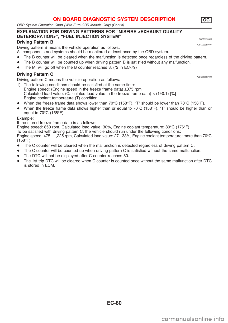 NISSAN ALMERA 2001 Service Manual EXPLANATION FOR DRIVING PATTERNS FOR ªMISFIRE <EXHAUST QUALITY
DETERIORATION>º, ªFUEL INJECTION SYSTEMº
NJEC0033S04Driving Pattern BNJEC0033S0401Driving pattern B means the vehicle operation as fo NISSAN ALMERA 2001 Service Manual EXPLANATION FOR DRIVING PATTERNS FOR ªMISFIRE <EXHAUST QUALITY
DETERIORATION>º, ªFUEL INJECTION SYSTEMº
NJEC0033S04Driving Pattern BNJEC0033S0401Driving pattern B means the vehicle operation as fo