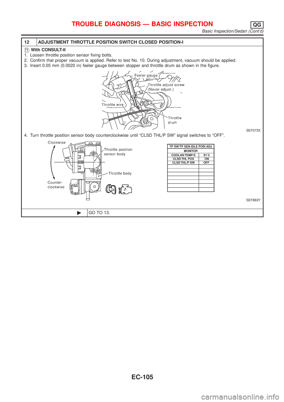 NISSAN ALMERA 2001 Service Manual 12 ADJUSTMENT THROTTLE POSITION SWITCH CLOSED POSITION-I
With CONSULT-II
1. Loosen throttle position sensor fixing bolts.
2. Confirm that proper vacuum is applied. Refer to test No. 10. During adjustm NISSAN ALMERA 2001 Service Manual 12 ADJUSTMENT THROTTLE POSITION SWITCH CLOSED POSITION-I
With CONSULT-II
1. Loosen throttle position sensor fixing bolts.
2. Confirm that proper vacuum is applied. Refer to test No. 10. During adjustm