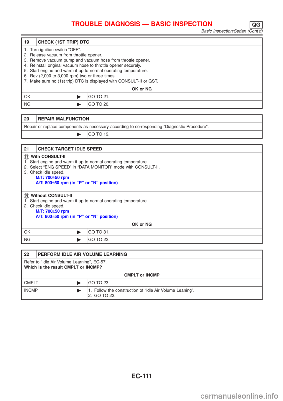 NISSAN ALMERA 2001 Service Manual 19 CHECK (1ST TRIP) DTC
1. Turn ignition switch ªOFFº.
2. Release vacuum from throttle opener.
3. Remove vacuum pump and vacuum hose from throttle opener.
4. Reinstall original vacuum hose to thrott NISSAN ALMERA 2001 Service Manual 19 CHECK (1ST TRIP) DTC
1. Turn ignition switch ªOFFº.
2. Release vacuum from throttle opener.
3. Remove vacuum pump and vacuum hose from throttle opener.
4. Reinstall original vacuum hose to thrott