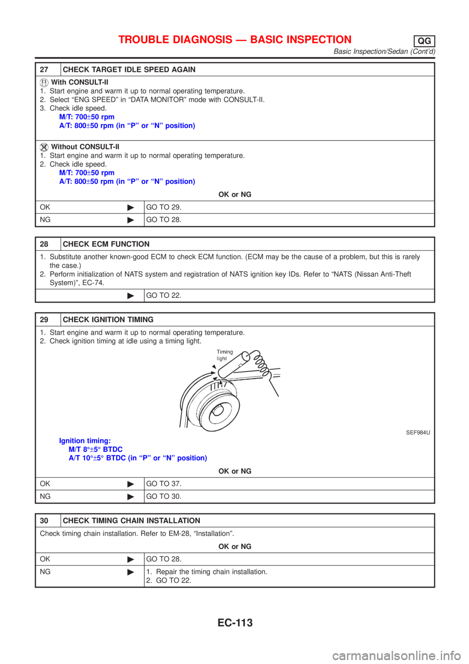 NISSAN ALMERA 2001 Service Manual 27 CHECK TARGET IDLE SPEED AGAIN
With CONSULT-II
1. Start engine and warm it up to normal operating temperature.
2. Select ªENG SPEEDº in ªDATA MONITORº mode with CONSULT-II.
3. Check idle speed.
NISSAN ALMERA 2001 Service Manual 27 CHECK TARGET IDLE SPEED AGAIN
With CONSULT-II
1. Start engine and warm it up to normal operating temperature.
2. Select ªENG SPEEDº in ªDATA MONITORº mode with CONSULT-II.
3. Check idle speed.