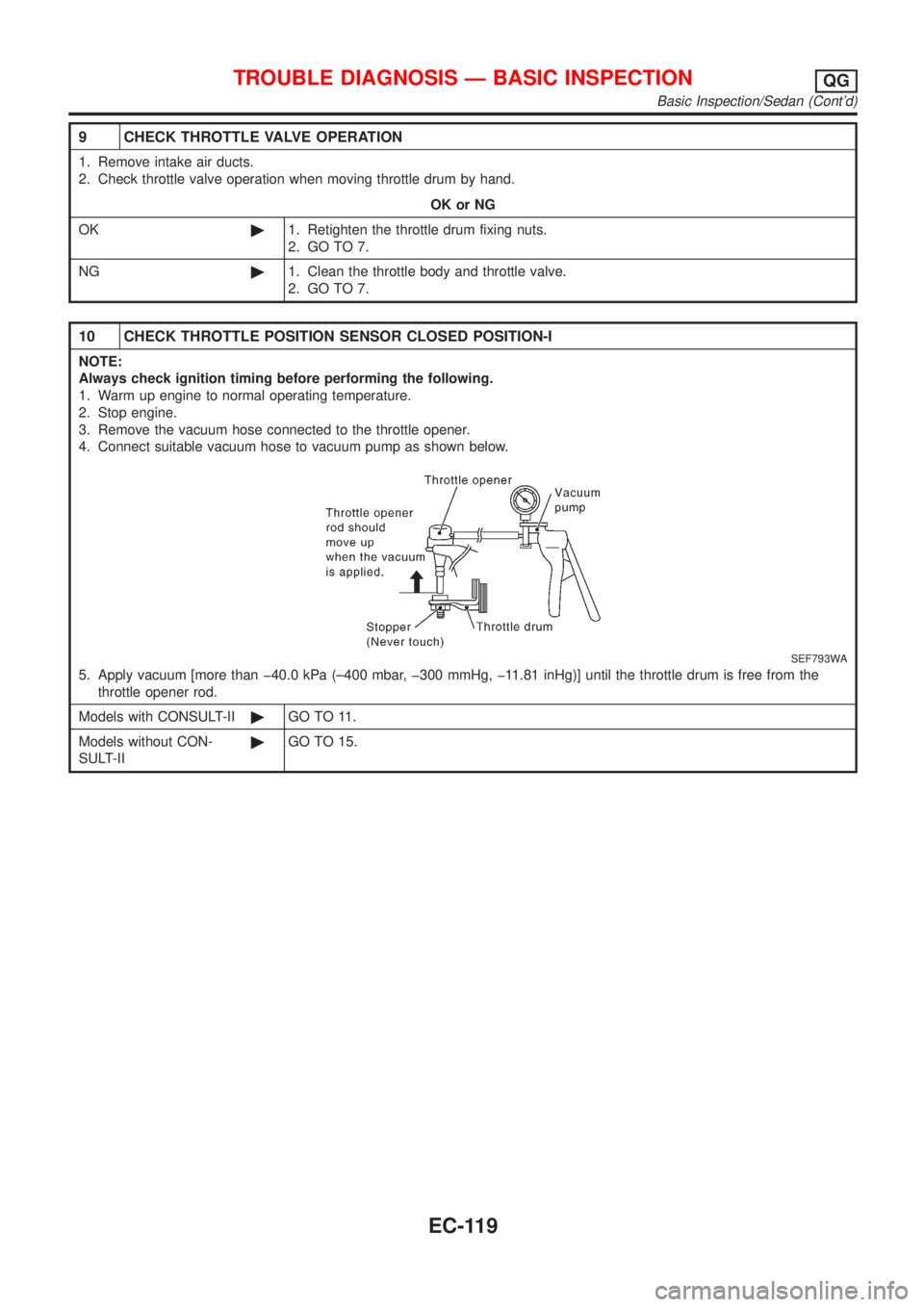 NISSAN ALMERA 2001 Service Manual 9 CHECK THROTTLE VALVE OPERATION
1. Remove intake air ducts.
2. Check throttle valve operation when moving throttle drum by hand.
OK or NG
OK©1. Retighten the throttle drum fixing nuts.
2. GO TO 7.
N NISSAN ALMERA 2001 Service Manual 9 CHECK THROTTLE VALVE OPERATION
1. Remove intake air ducts.
2. Check throttle valve operation when moving throttle drum by hand.
OK or NG
OK©1. Retighten the throttle drum fixing nuts.
2. GO TO 7.
N